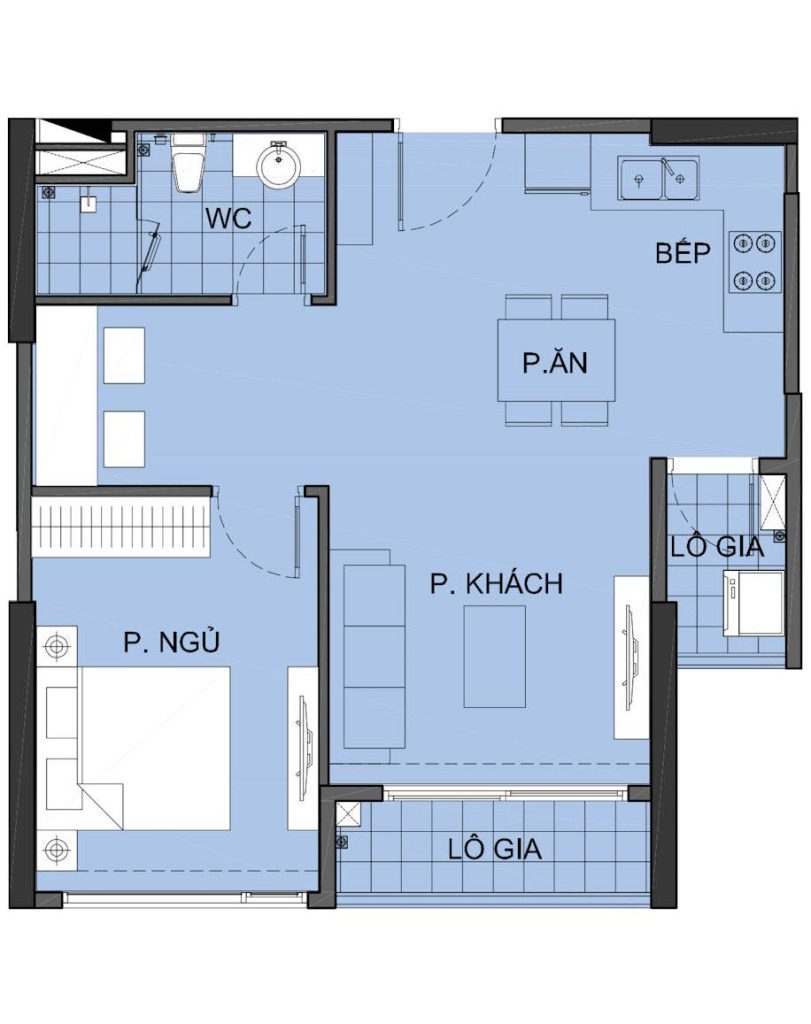Layout căn hộ 1PN+ 50m2 tại Vinhomes Smart City