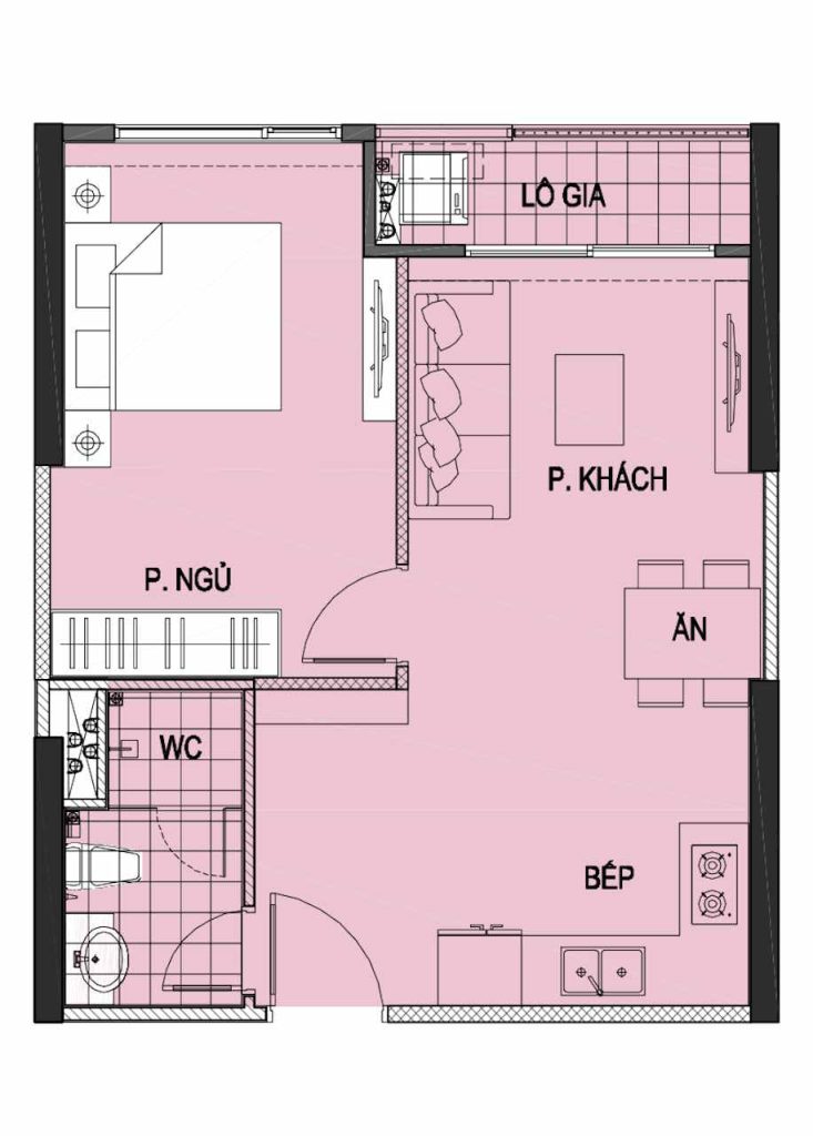 Layout căn hộ 1 phòng ngủ 43m2 tại Vinhomes Smart City