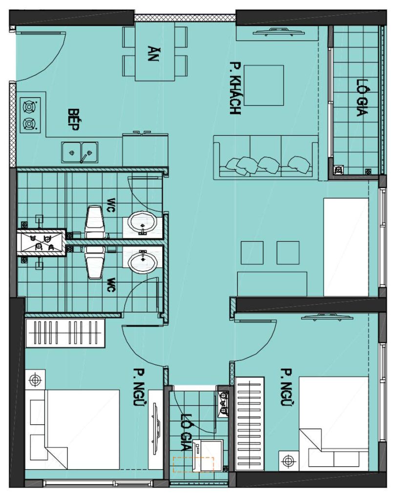 Layout căn hộ 2PN+ 63m2 tại Vinhomes Smart City