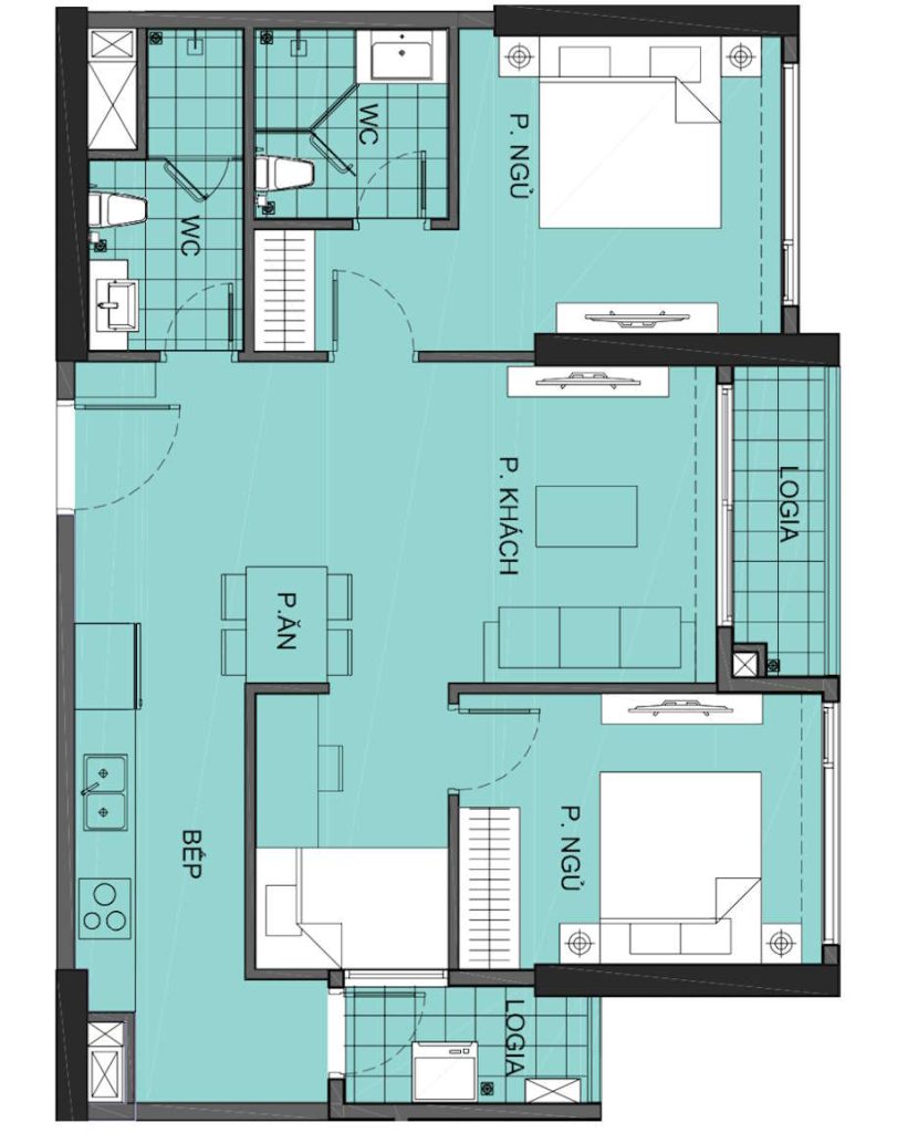 Layout căn hộ 2PN+ 70m2 tại Vinhomes Smart City