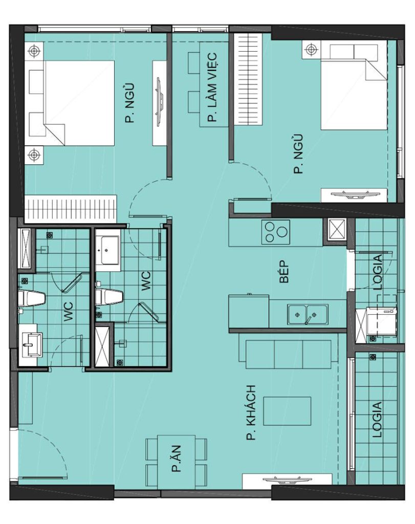 Layout căn hộ 2PN+ 73m2 tại Vinhomes Smart City
