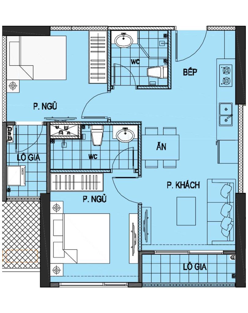 Layout căn hộ 2PN 54m2 tại Vinhomes Smart City