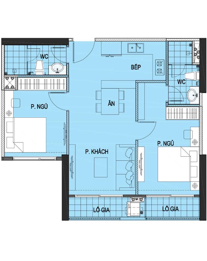 Layout căn hộ 2PN 63m2 tại Vinhomes Smart City