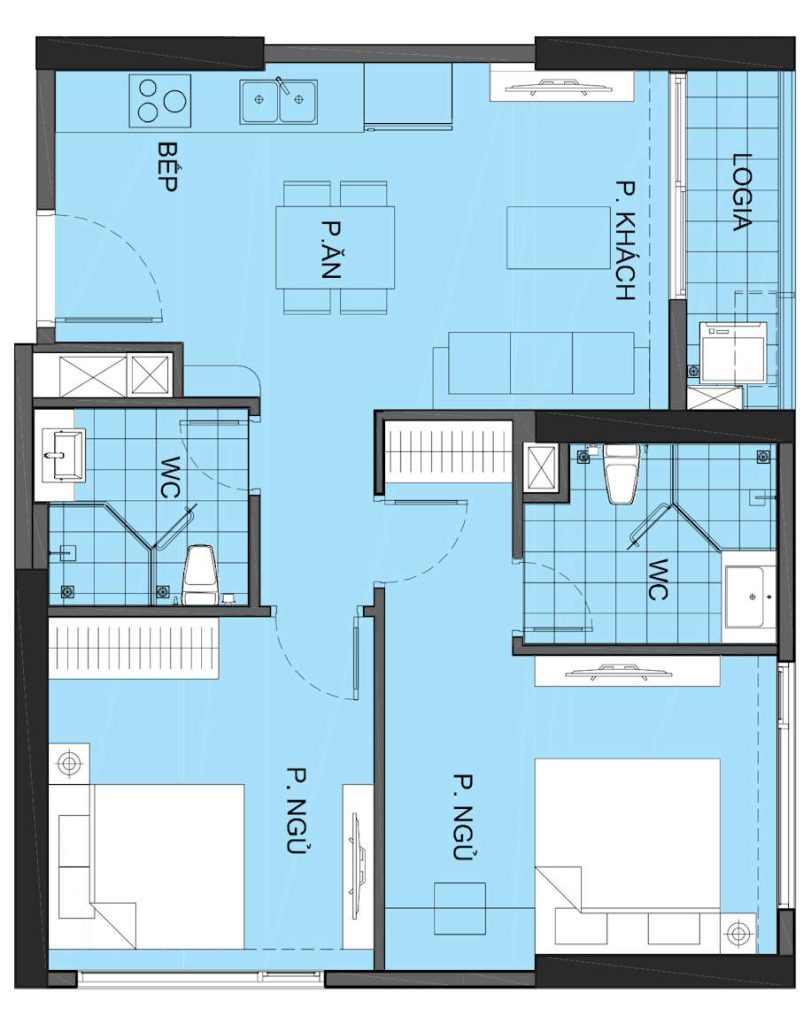Layout căn hộ 2PN 65m2 tại Vinhomes Smart City
