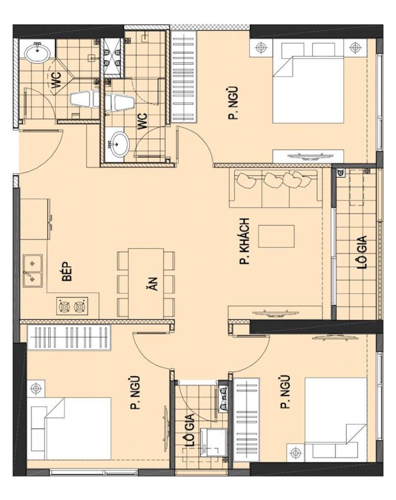 Layout căn hộ 3PN 75m2 tại Vinhomes Smart City