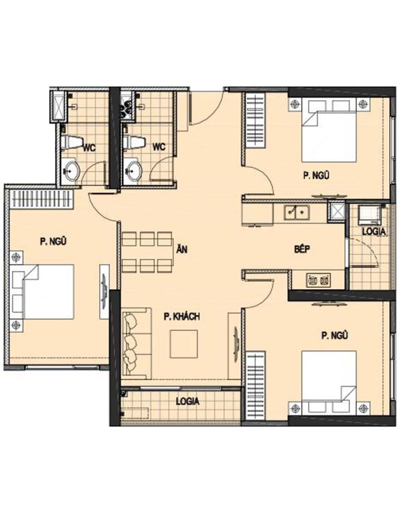 Layout căn hộ 3PN 95m2 tại Vinhomes Smart City