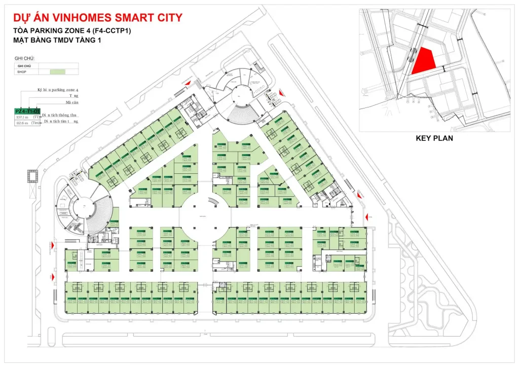 Mặt bằng tầng 1 shop Parking Zone 4 tại Vinhomes Smart City