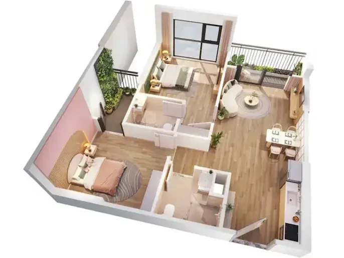 Mặt bằng căn hộ 2 phòng ngủ Vinhomes Smart City diện tích 54m2