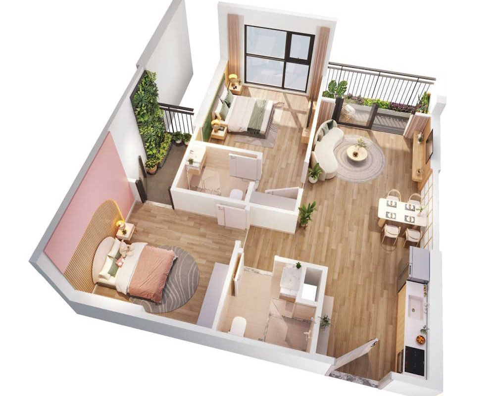 Mặt bằng căn hộ 2 phòng ngủ Vinhomes Smart City diện tích 54m2