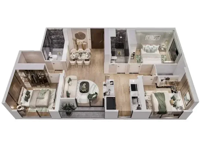 Mặt bằng căn hộ 3 phòng ngủ Vinhomes Smart City diện tích 75–90m2