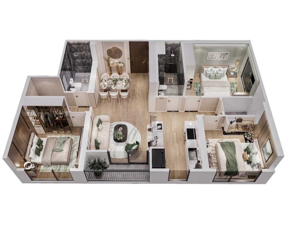 Mặt bằng căn hộ 3 phòng ngủ Vinhomes Smart City diện tích 75–90m2